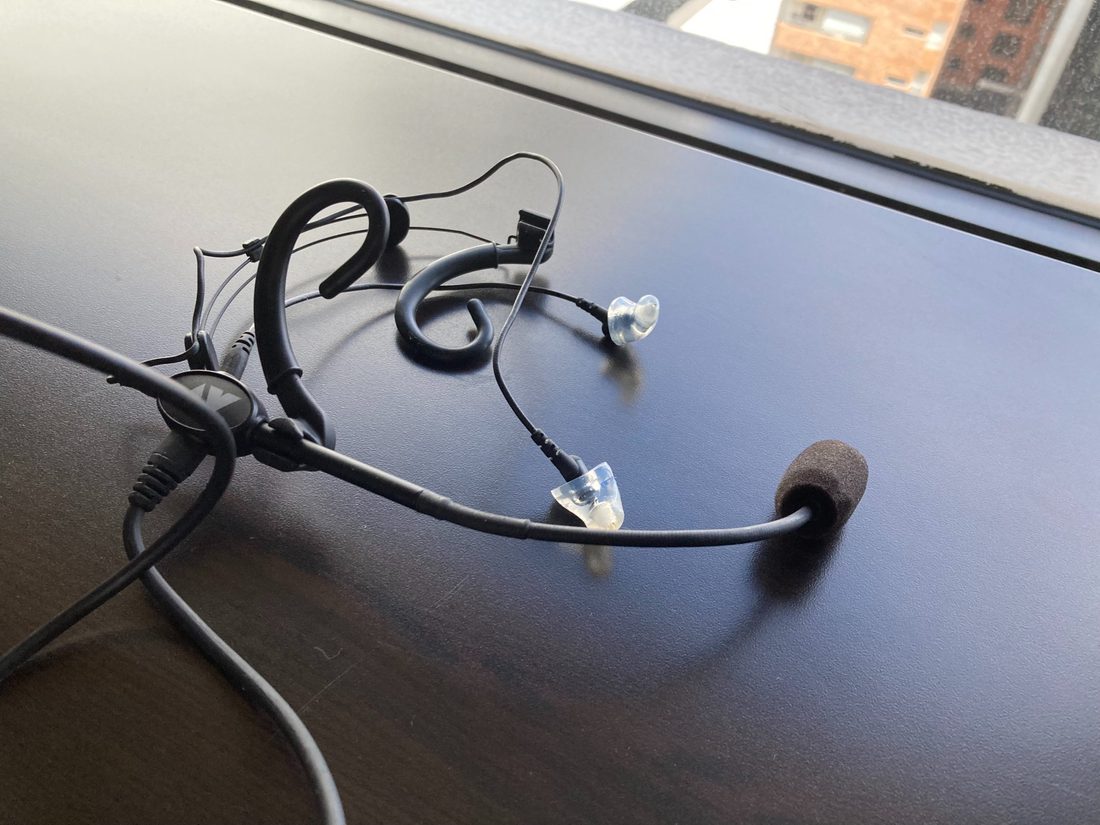 Clarity Aloft headset with custom Big Ear adapters, angled view