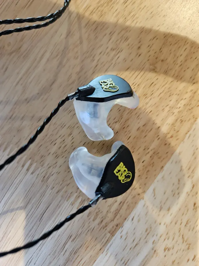 A pair of Big Ear soft-shell custom in-ear monitors with faceplates