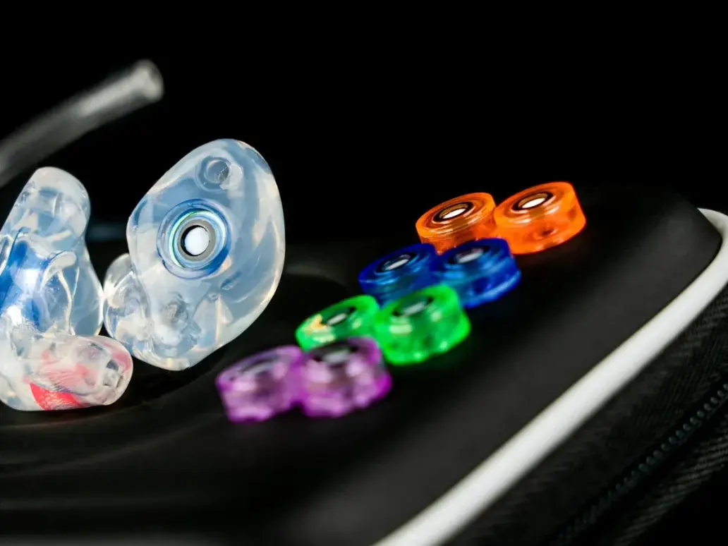 Close detail of a custom filtered earplug